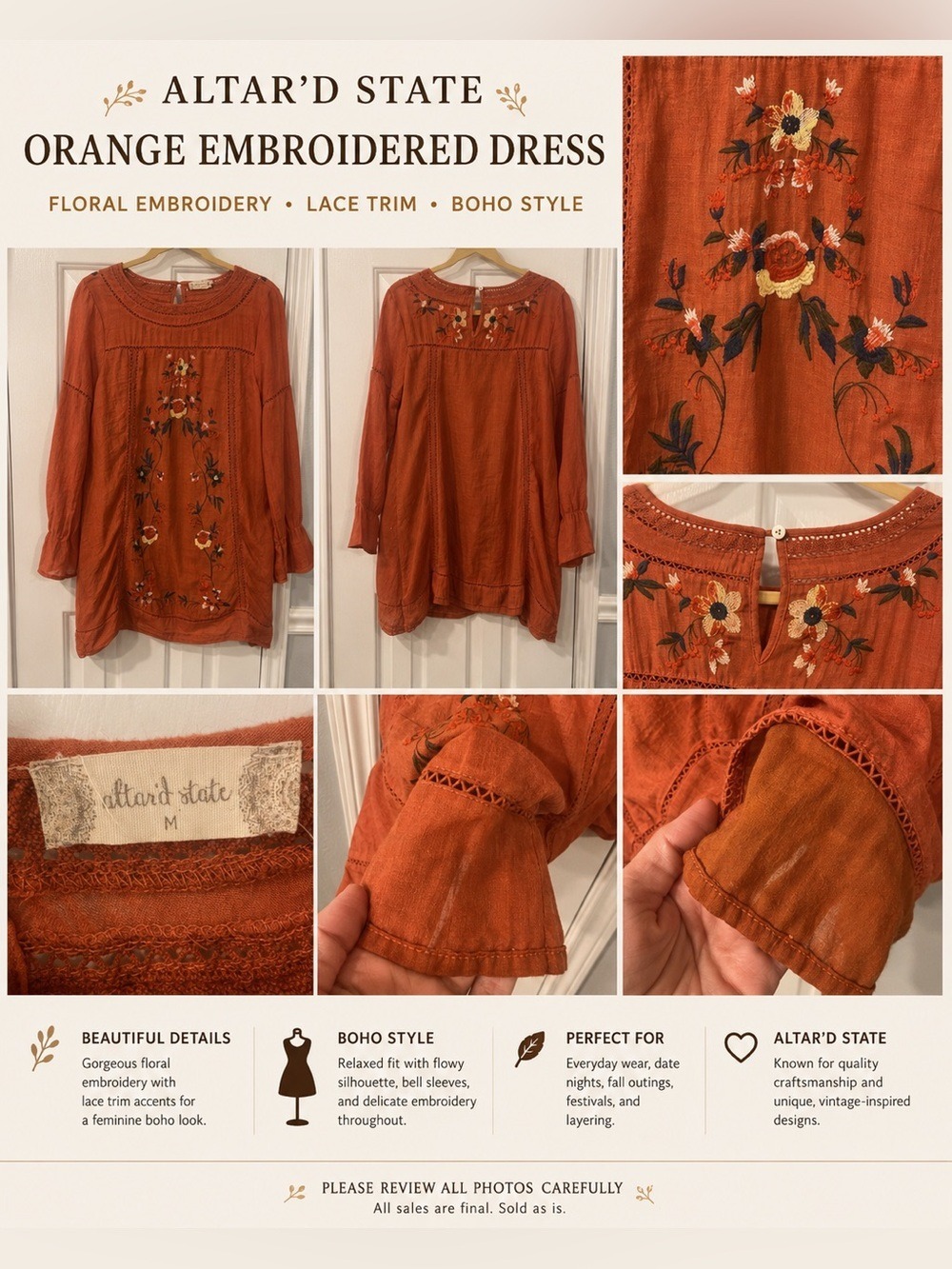 Altar’d State Rust Orange Floral Embroidered Boho Tunic Dress Medium